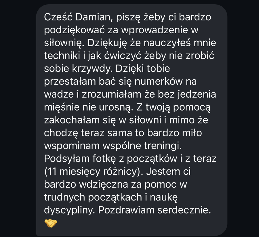 Wiadomość od klienta o współpracy z trenerem personalnym online Damianem Konarskim