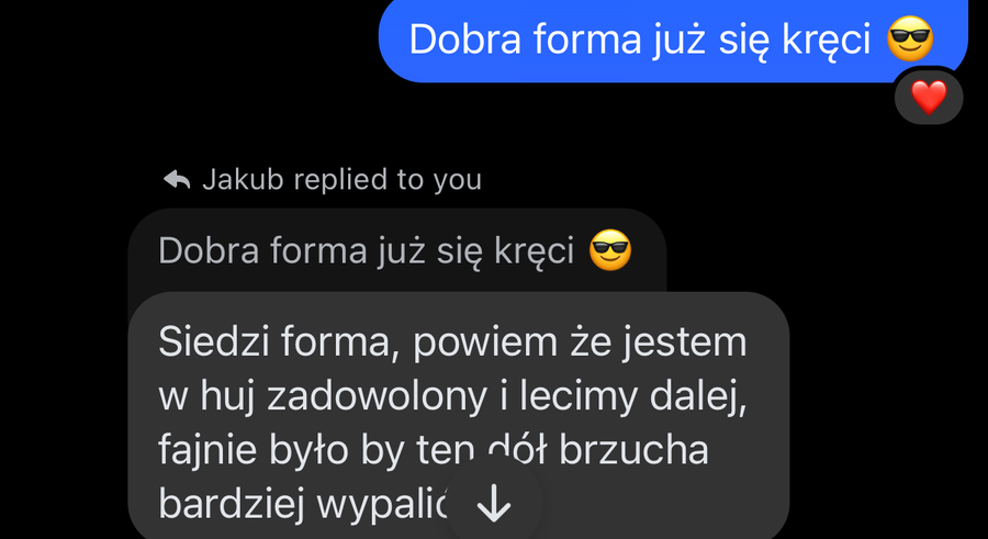 Wiadomość od klienta o współpracy z trenerem personalnym online Damianem Konarskim