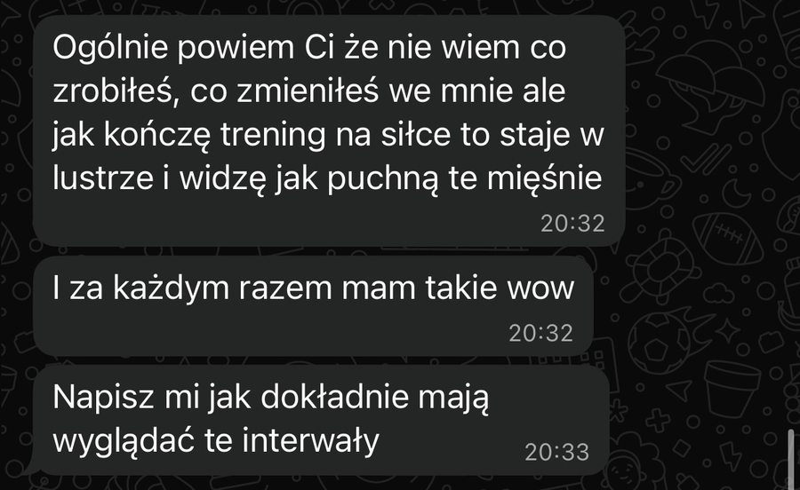 Wiadomość od klienta o współpracy z trenerem personalnym online Damianem Konarskim